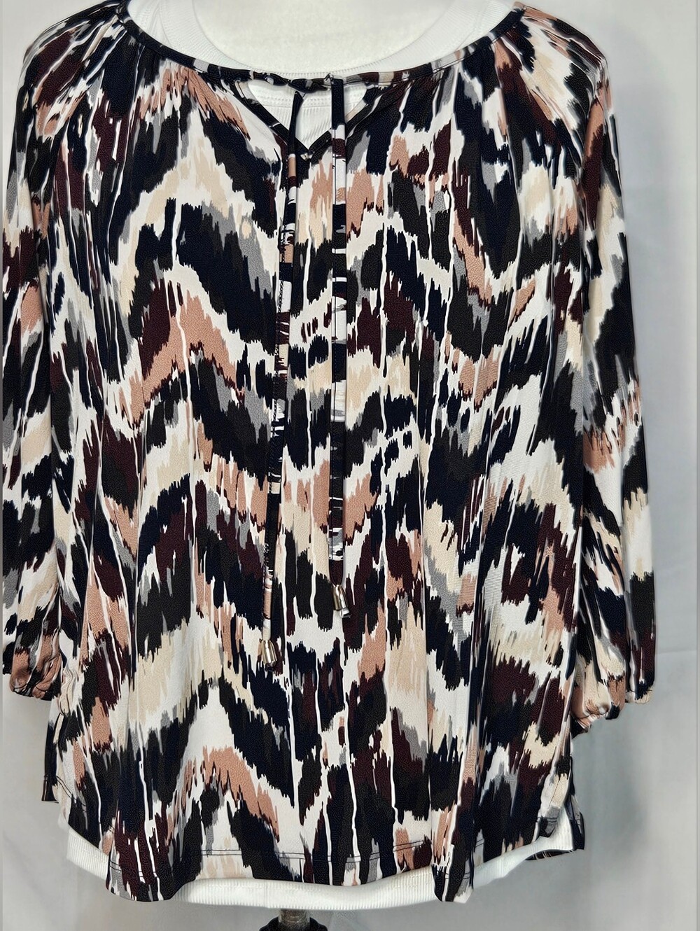Multiples Abstract Brushstroke Peasant Top in Black, Brown & Cream